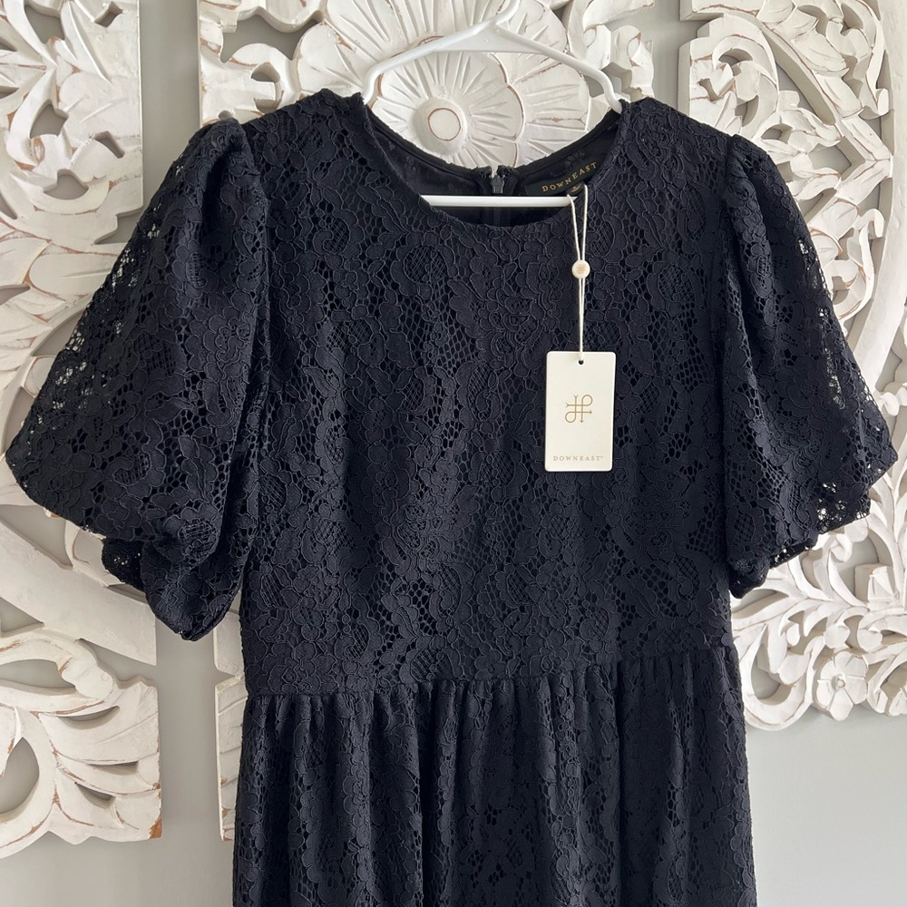 DownEast Black Lace Puff Sleeve Midi Dress
